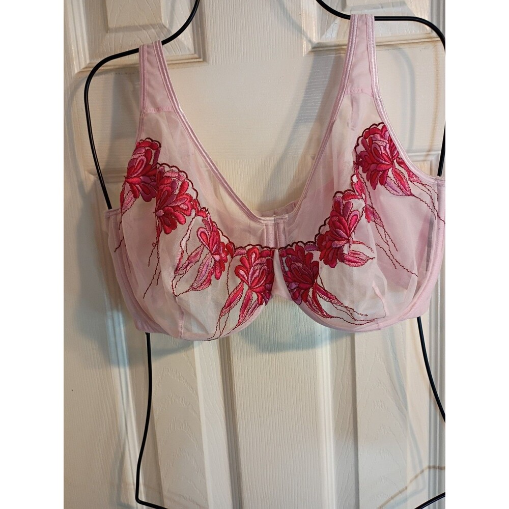 Sexy Sensual Cacique Underwire Push Up Bra Pink Sheer Floral Embroidery 40 DDD